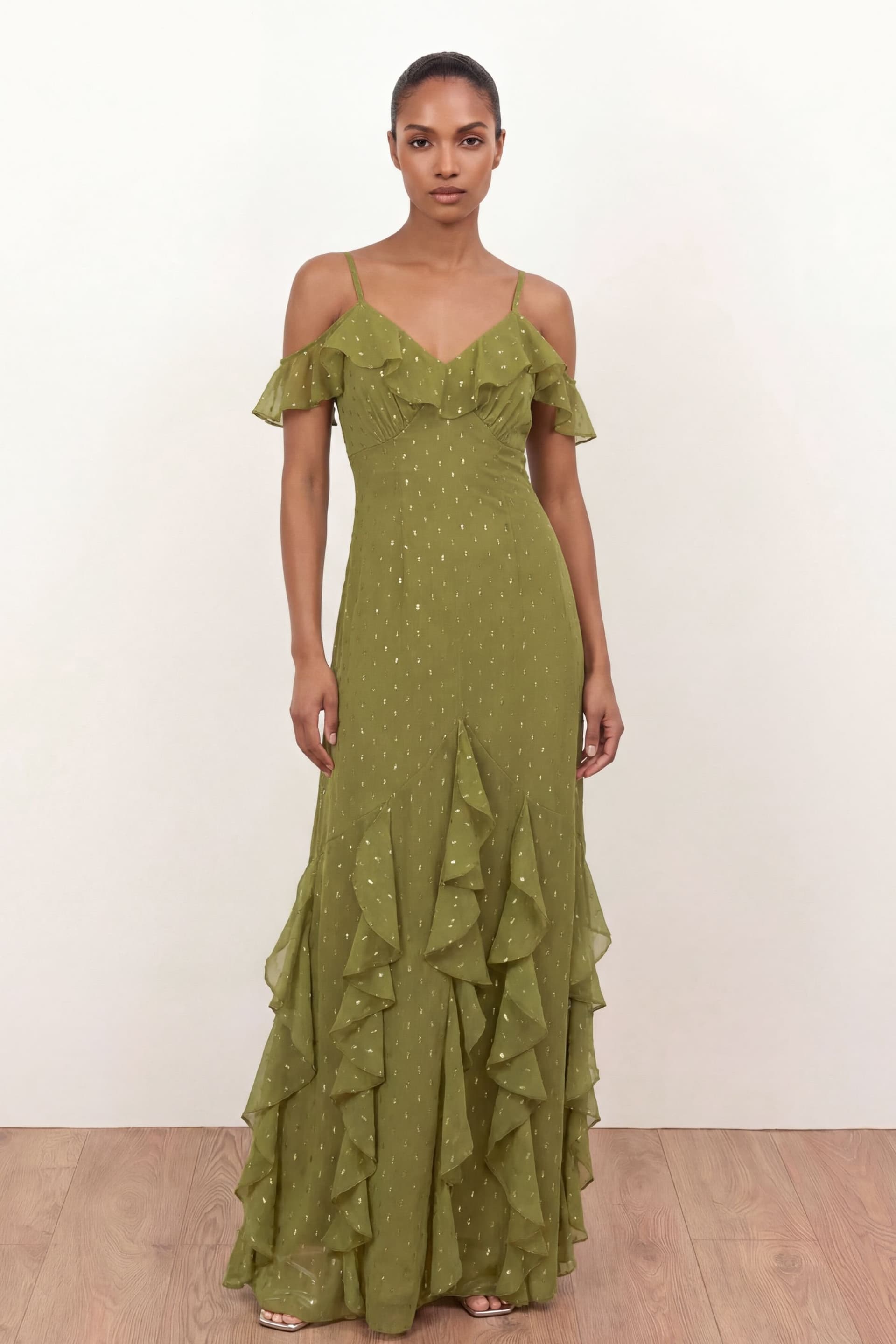 Anaya with Love Anaya with Love Women's Cold Shoulder Ruffle Maxi Dress in Olive