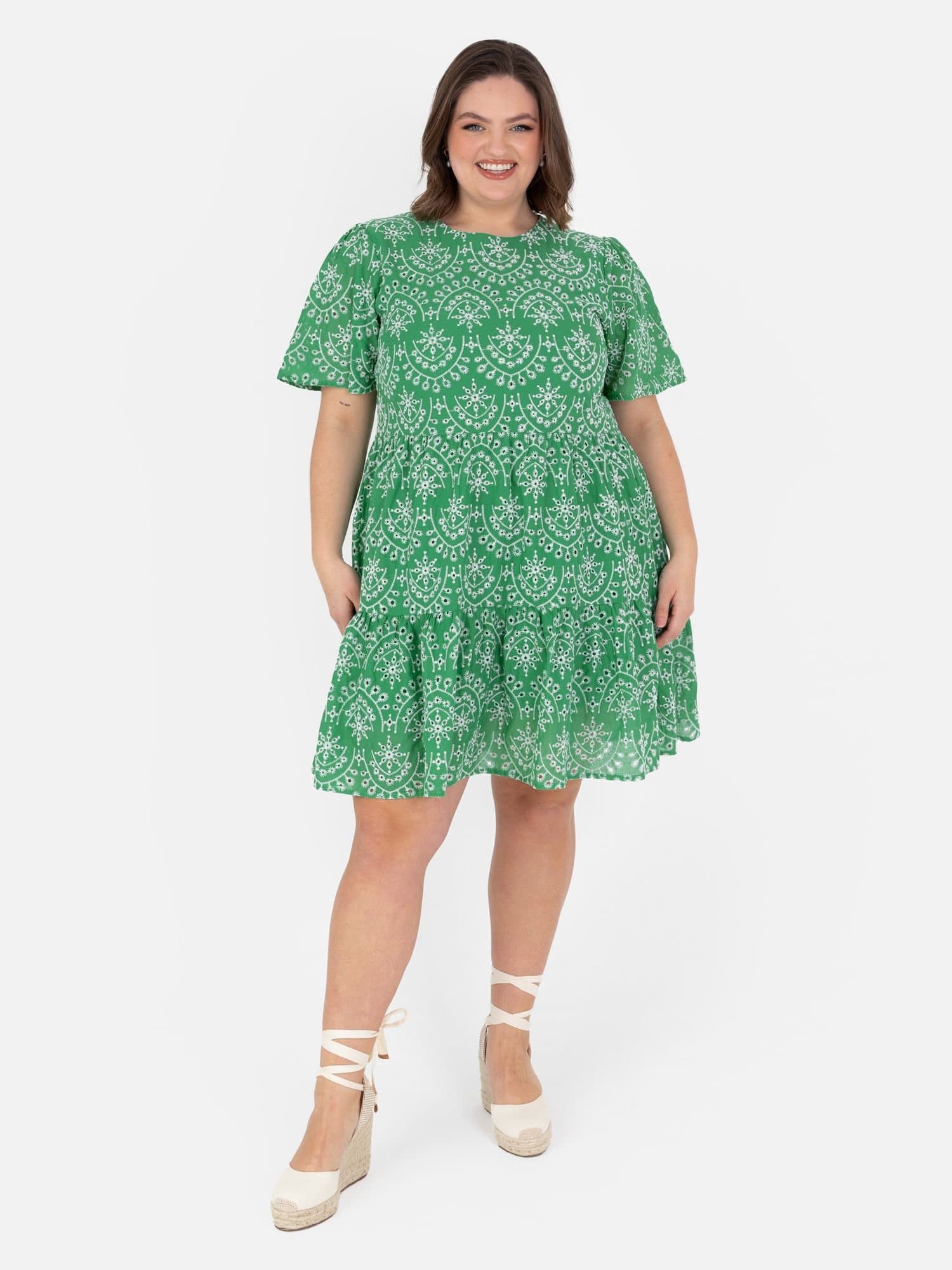 Lovedrobe Lovedrobe Women's Angel Sleeve Tie Back Smock Mini Dress in Green