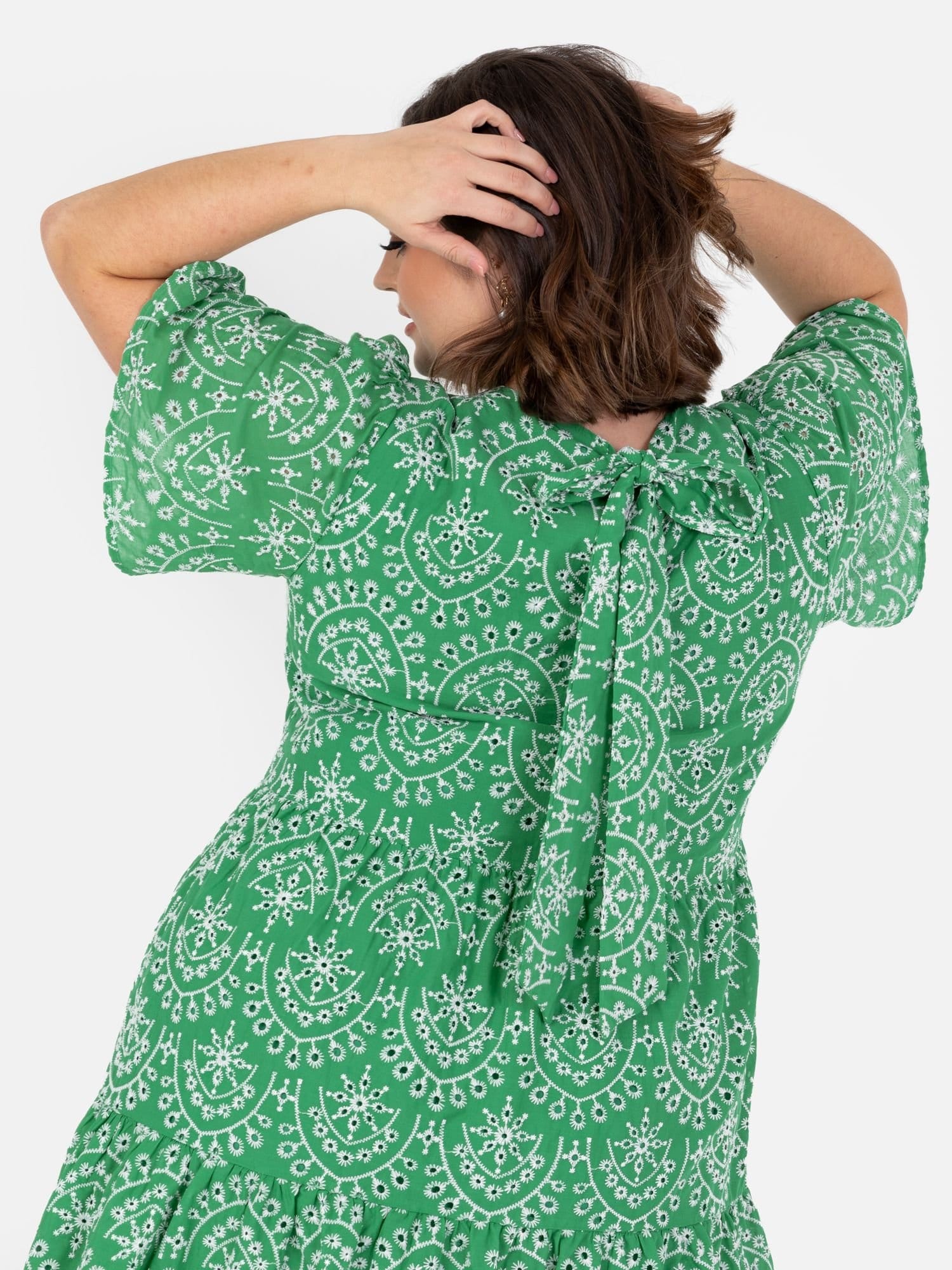 Lovedrobe Lovedrobe Women's Angel Sleeve Tie Back Smock Mini Dress in Green - 4