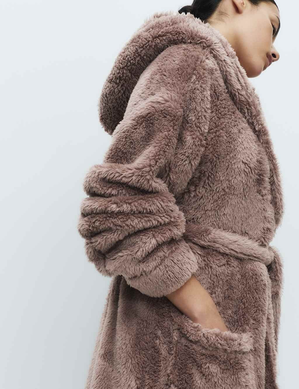 Marks & Spencer M&S Fleece Hooded Dressing Gown in Taupe