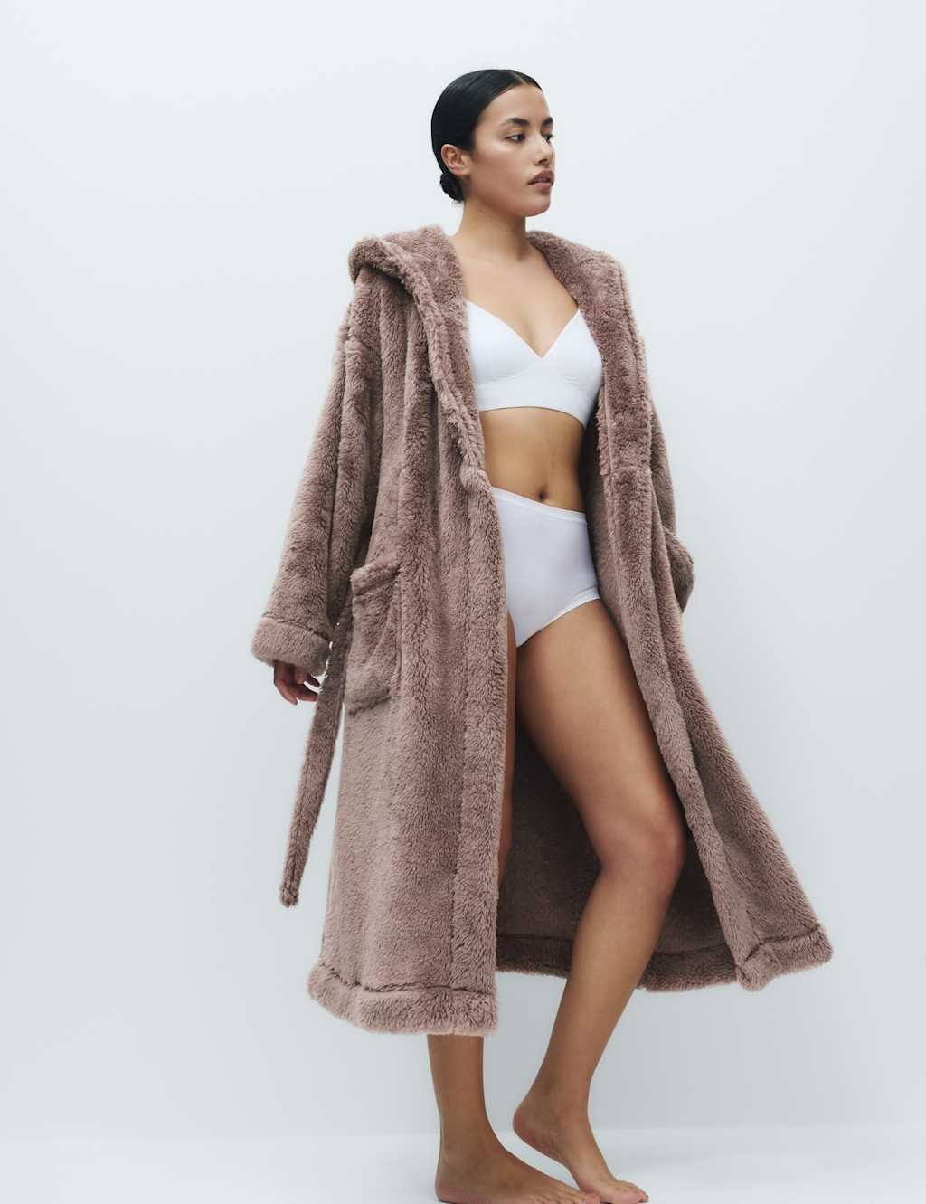 Marks & Spencer M&S Fleece Hooded Dressing Gown Taupe - 4