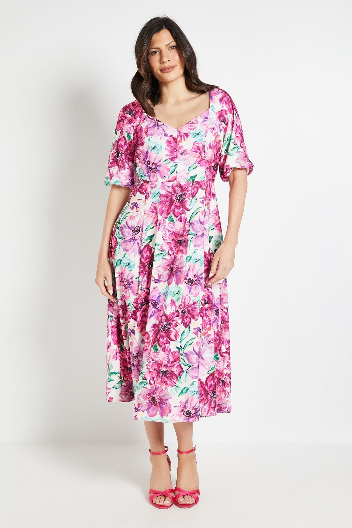 Wallis Wallis Women's Floral Ottoman Twill Puff Sleeve Midi Dress in Ivory