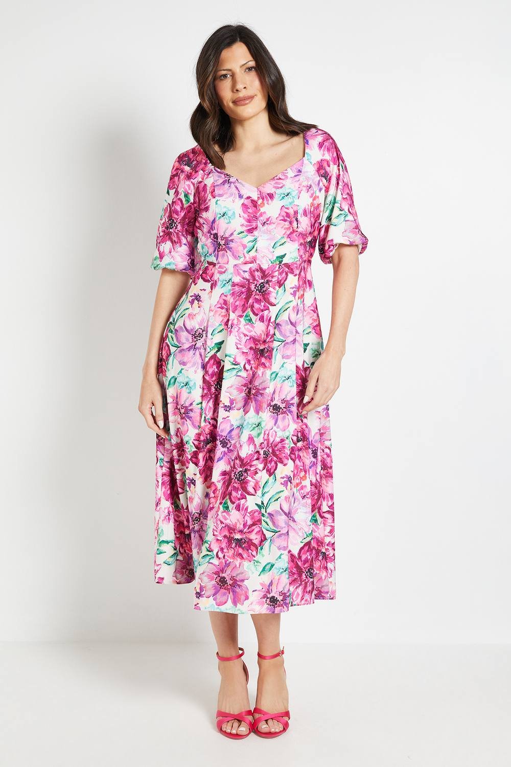 Wallis Wallis Women's Floral Ottoman Twill Puff Sleeve Midi Dress in Ivory - 2