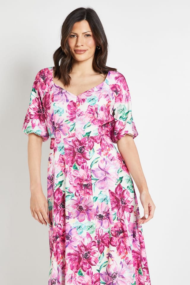 Wallis Wallis Women's Floral Ottoman Twill Puff Sleeve Midi Dress in Ivory - 2
