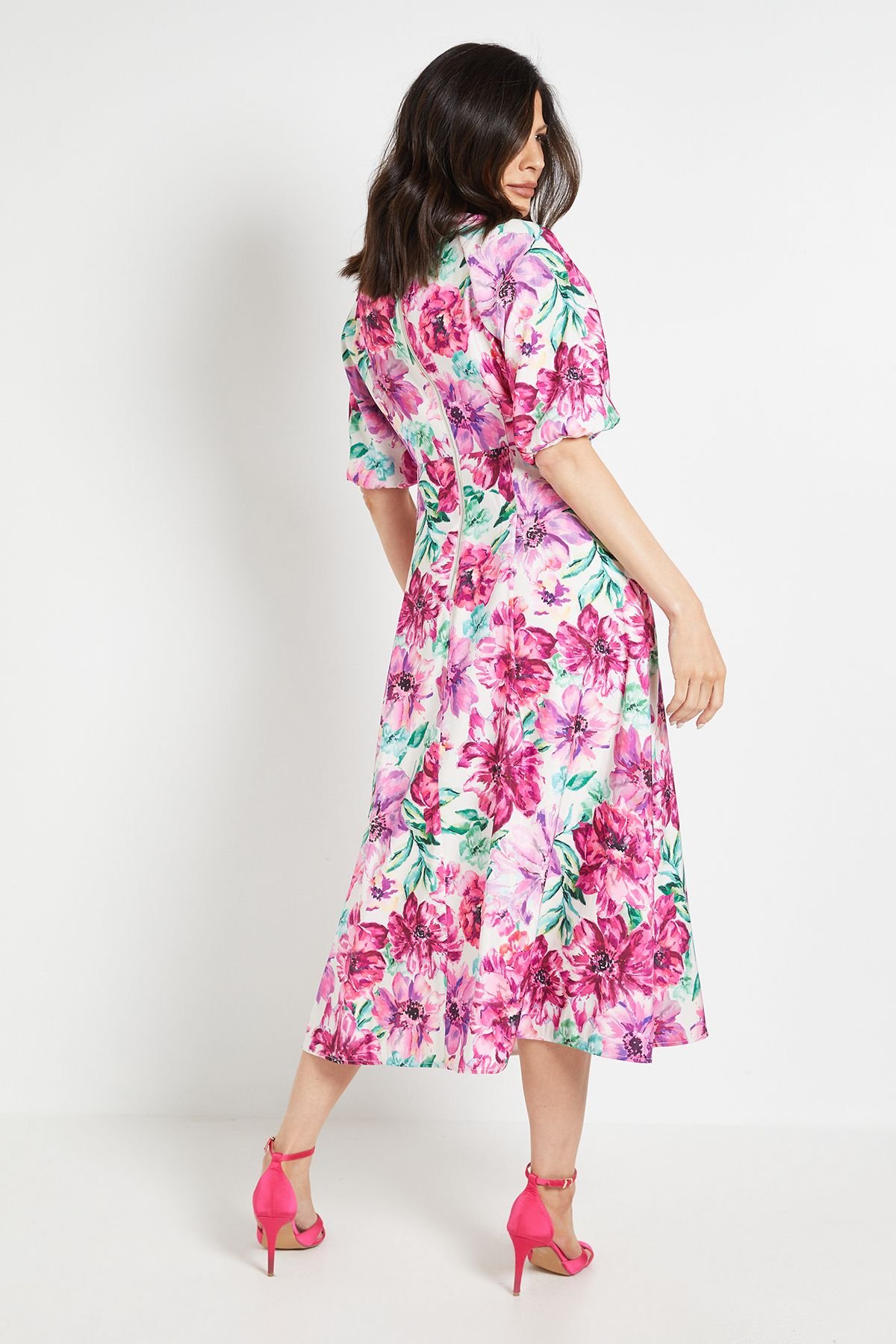 Wallis Wallis Women's Floral Ottoman Twill Puff Sleeve Midi Dress in Ivory - 3