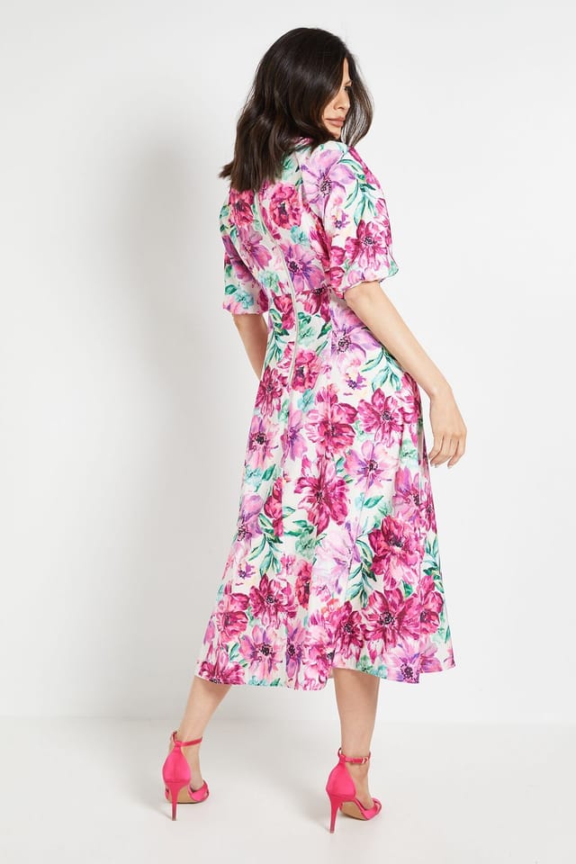 Wallis Wallis Women's Floral Ottoman Twill Puff Sleeve Midi Dress in Ivory - 3