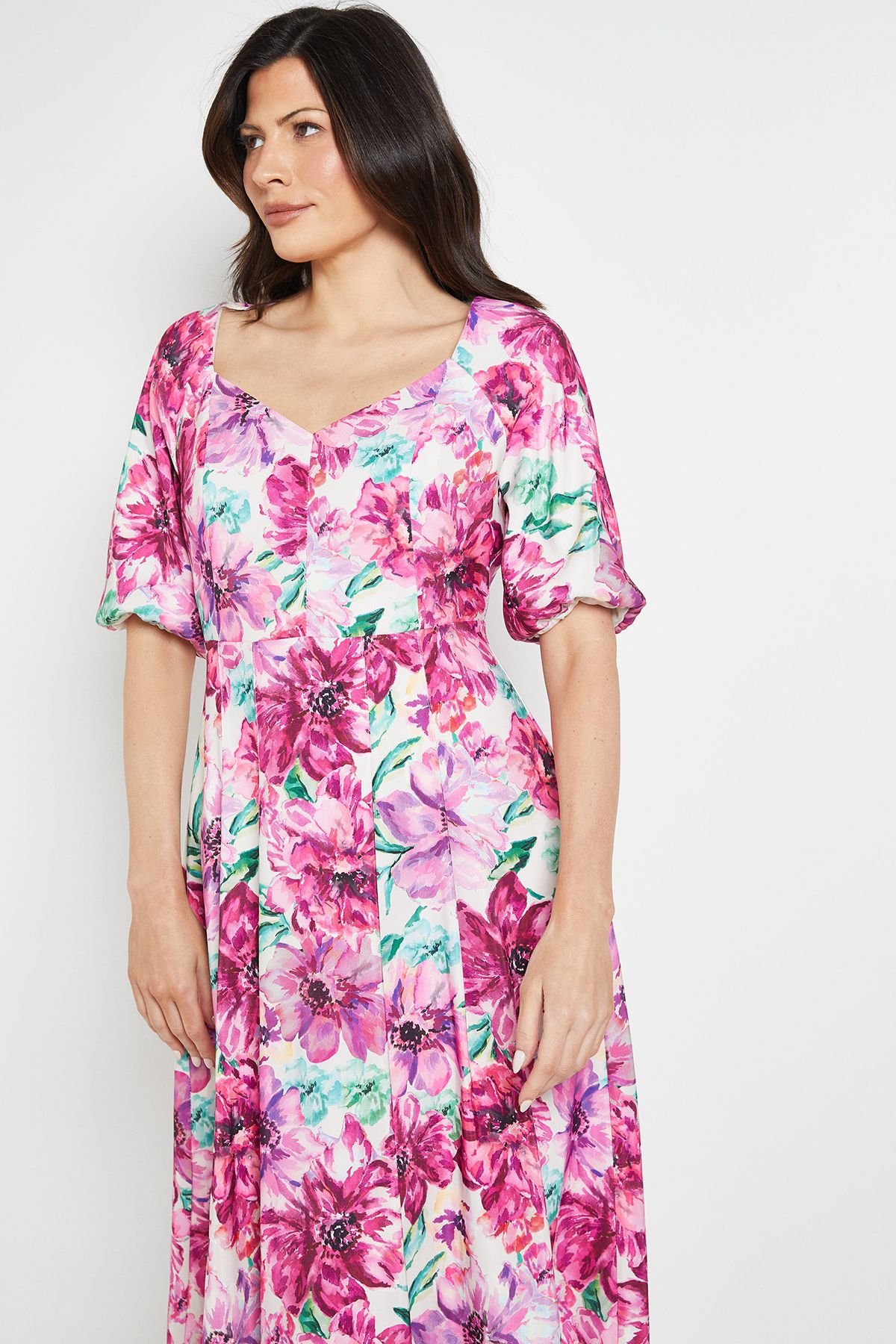 Wallis Wallis Women's Floral Ottoman Twill Puff Sleeve Midi Dress in Ivory - 4