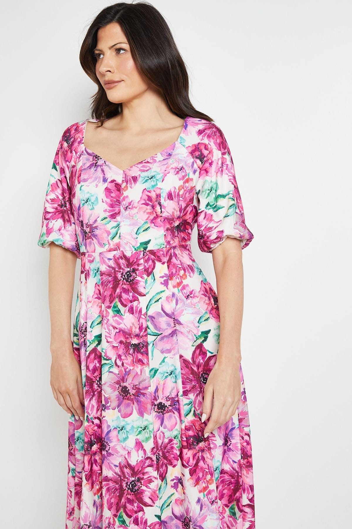 Wallis Wallis Women's Floral Ottoman Twill Puff Sleeve Midi Dress in Ivory - 4