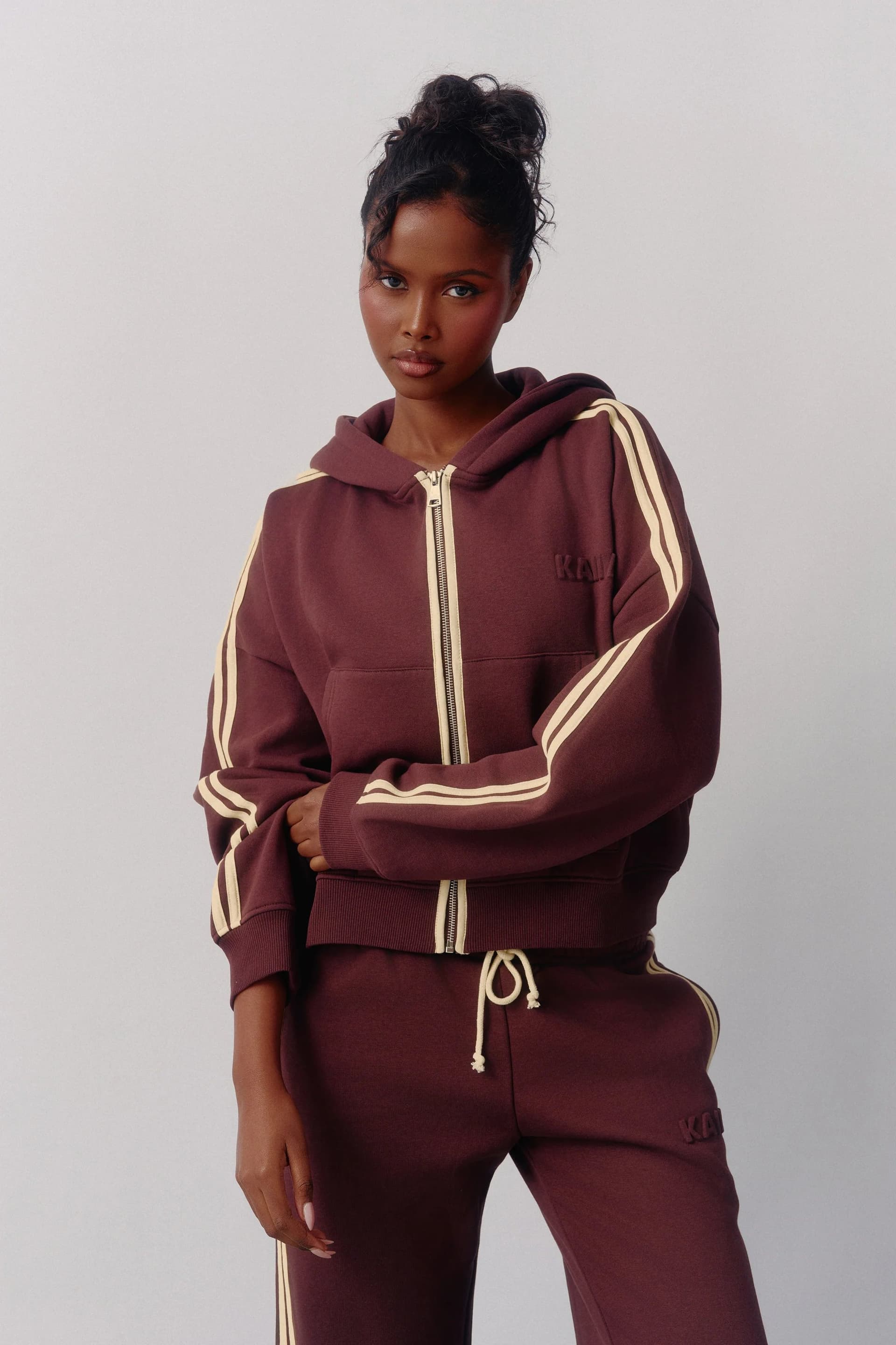 Kaiia Kaiia Sport Side Stripe Oversized Zip Through Hoodie Mocha Brown & Lemon