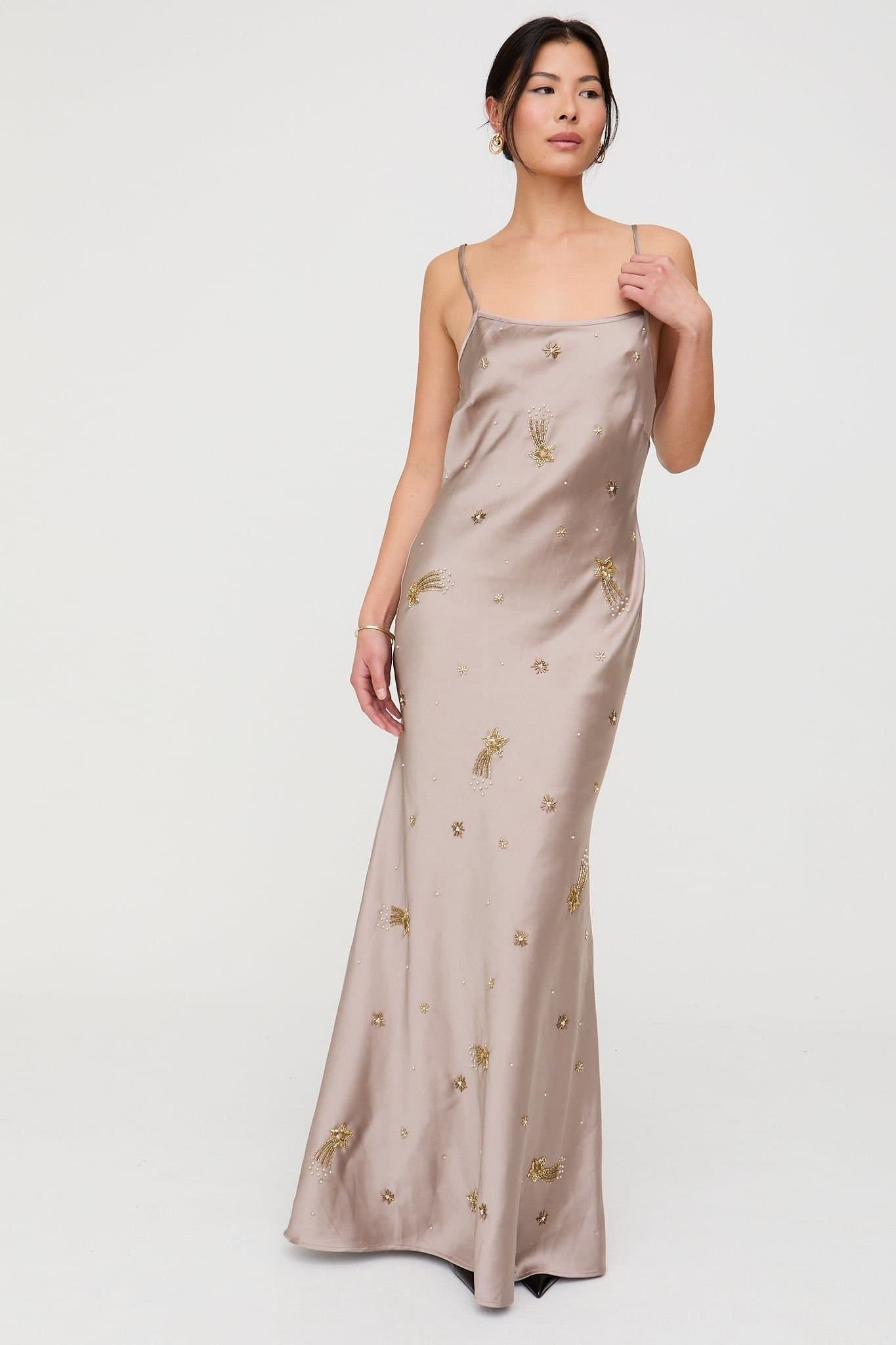 Lily and Lionel Lily and Lionel Women's Starburst All Over Embellished Maxi Dress In Oyster in Light Grey