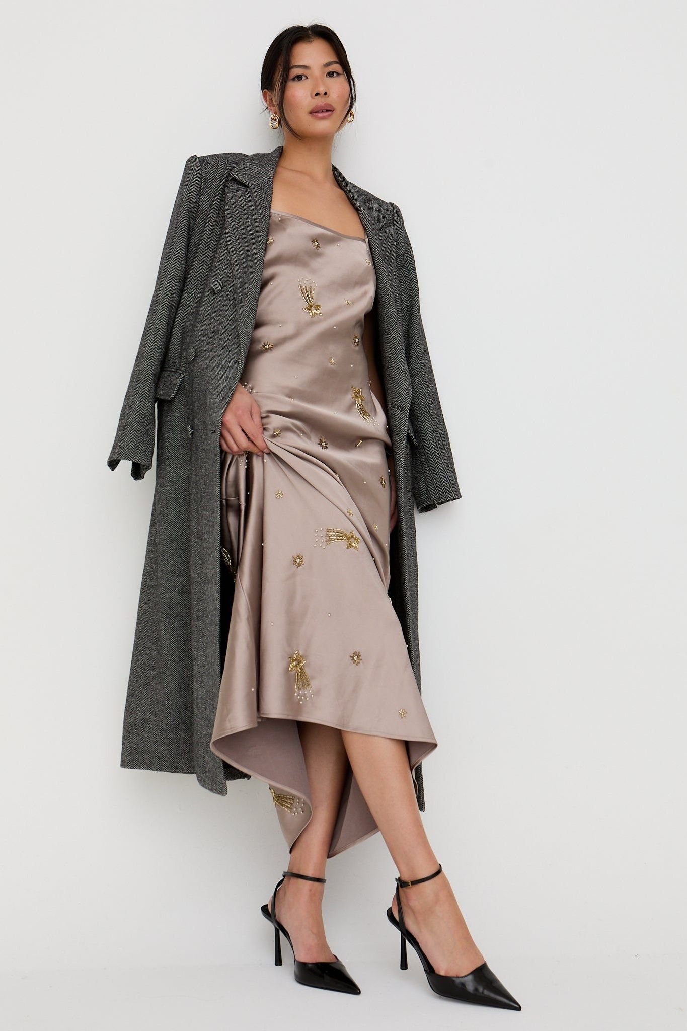 Lily and Lionel Lily and Lionel Women's Starburst All Over Embellished Maxi Dress In Oyster in Light Grey - 2