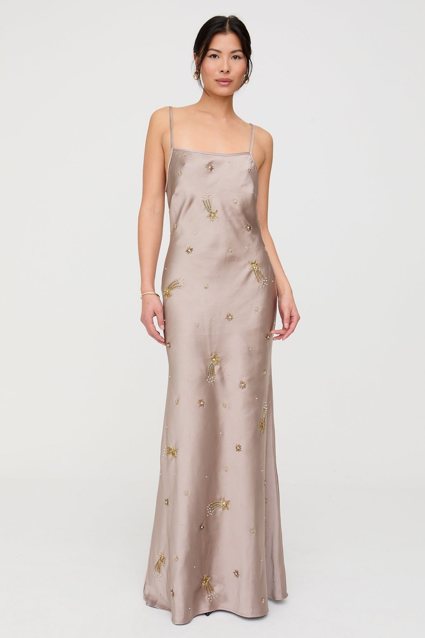 Lily and Lionel Lily and Lionel Women's Starburst All Over Embellished Maxi Dress In Oyster in Light Grey - 3