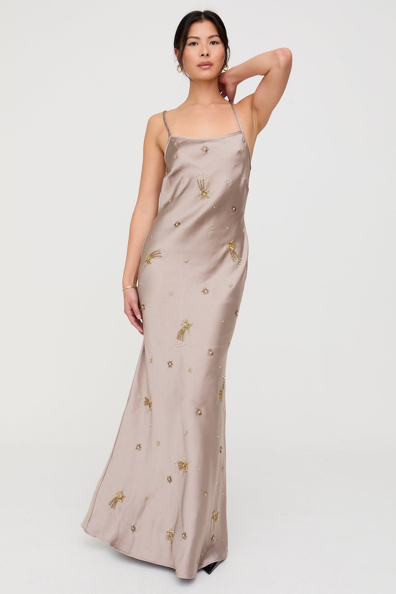 Lily and Lionel Lily and Lionel Women's Starburst All Over Embellished Maxi Dress In Oyster in Light Grey - 4
