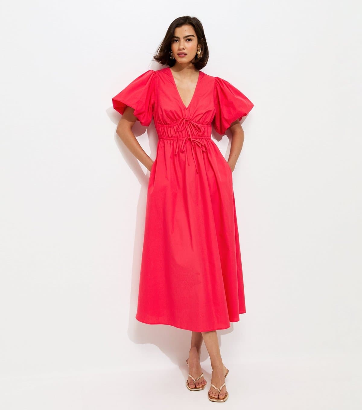 New Look Women's Dark Coral Cotton Puff Sleeve Midi Dress New Look