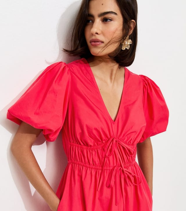 New Look Women's Dark Coral Cotton Puff Sleeve Midi Dress New Look - 2