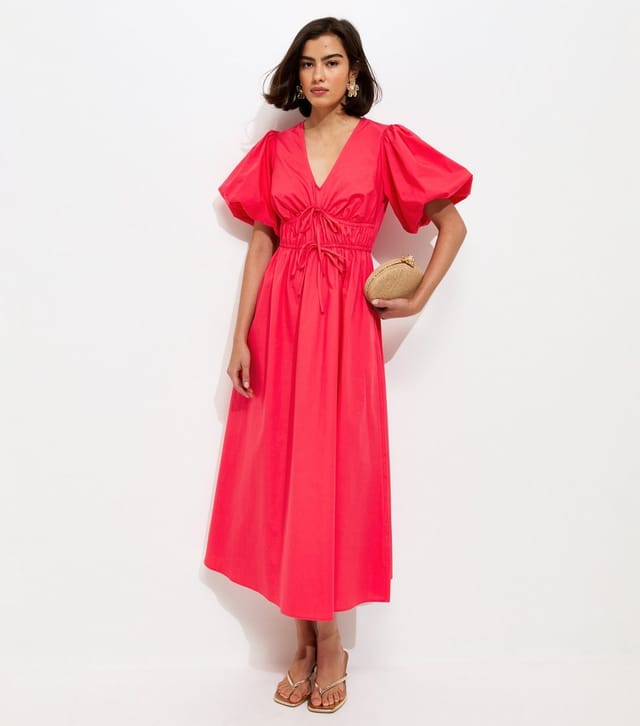 New Look Women's Dark Coral Cotton Puff Sleeve Midi Dress New Look - 3