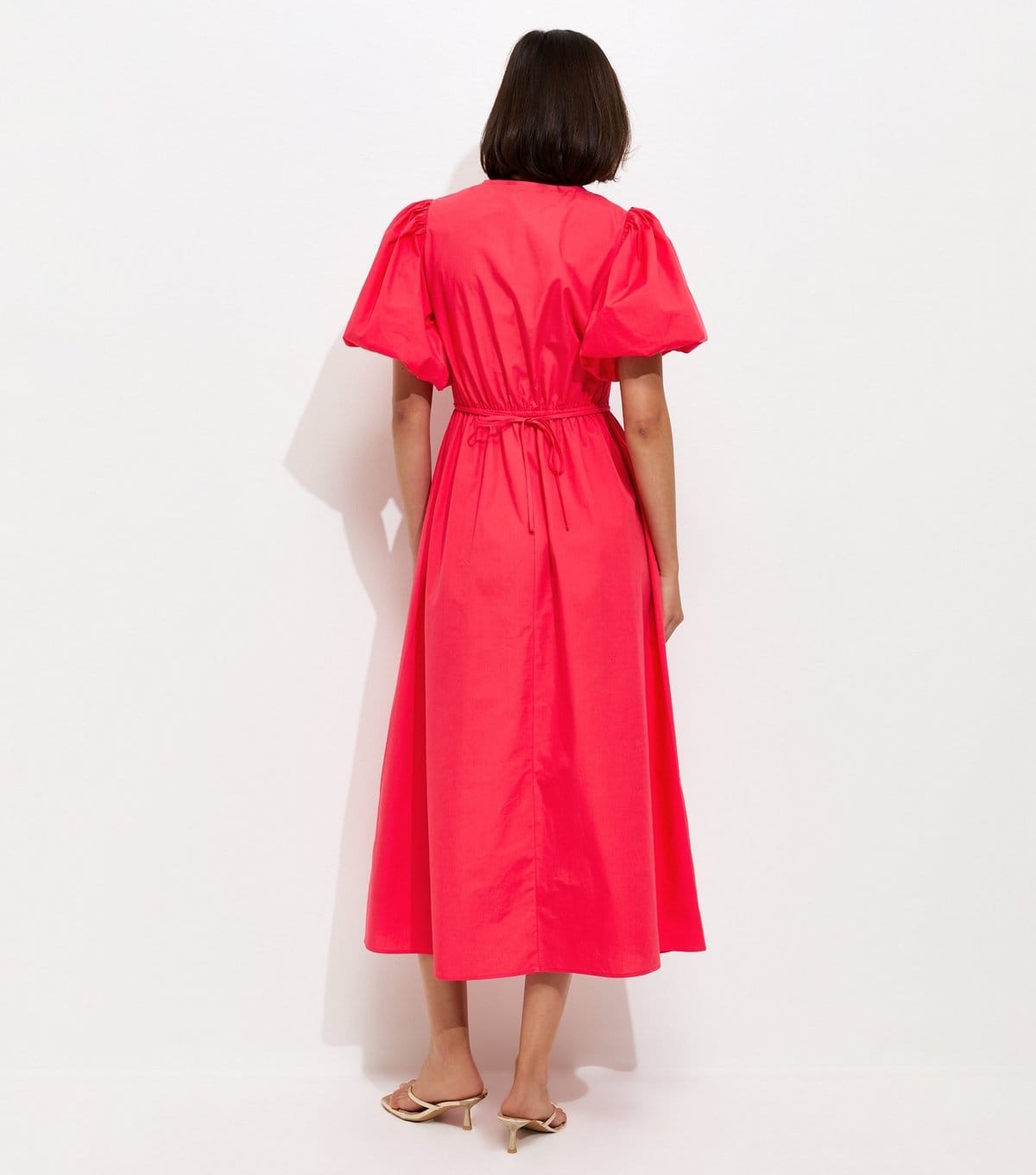 New Look Women's Dark Coral Cotton Puff Sleeve Midi Dress New Look - 4