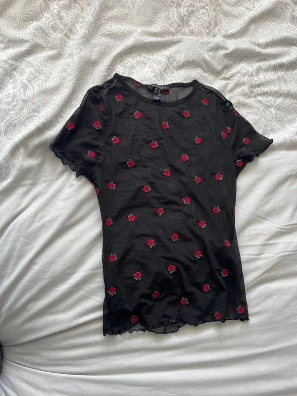 New Look New look black mesh top with roses embroidery