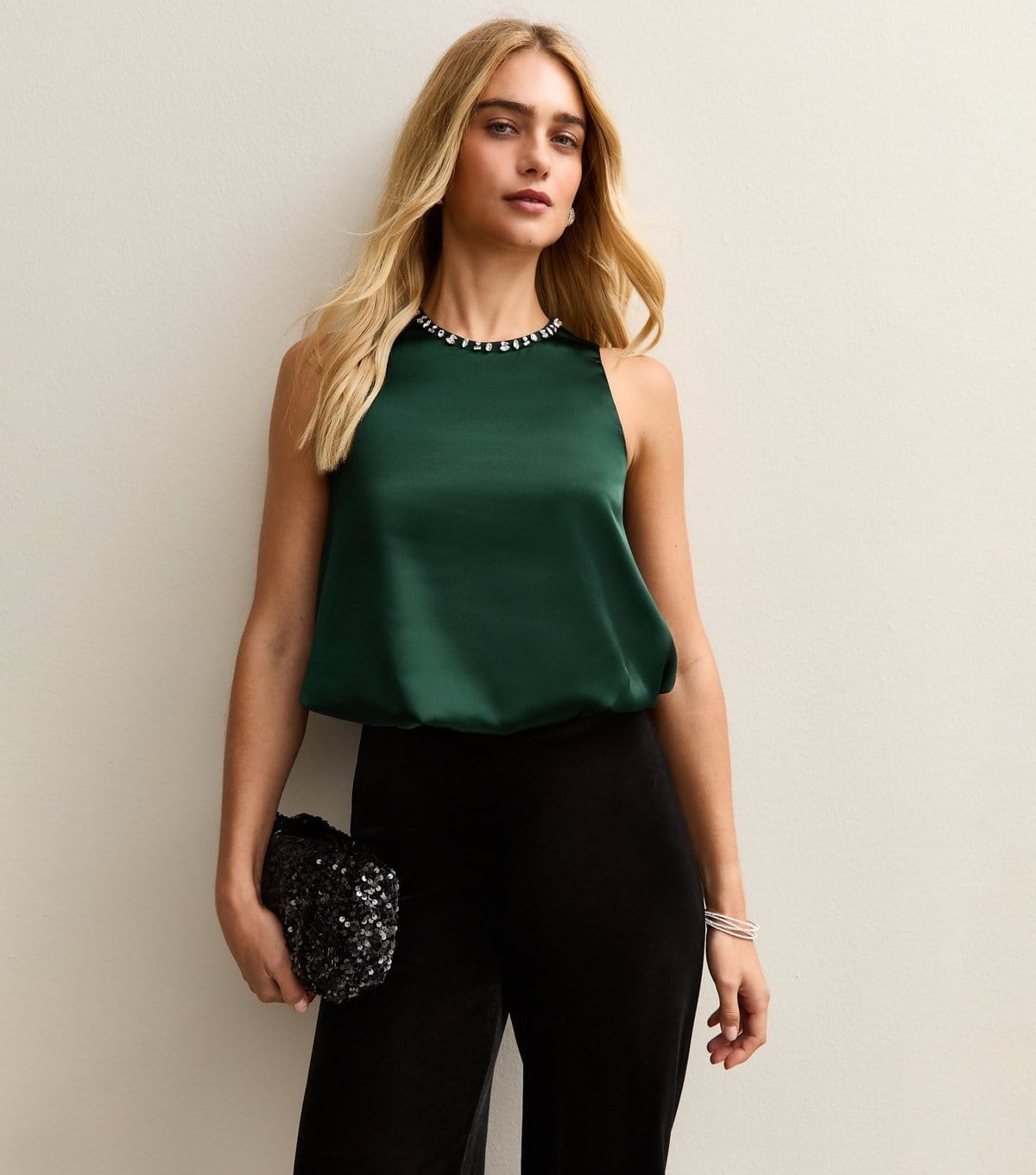 New Look Women's Dark Green Satin Bubble Hem Top New Look - 1