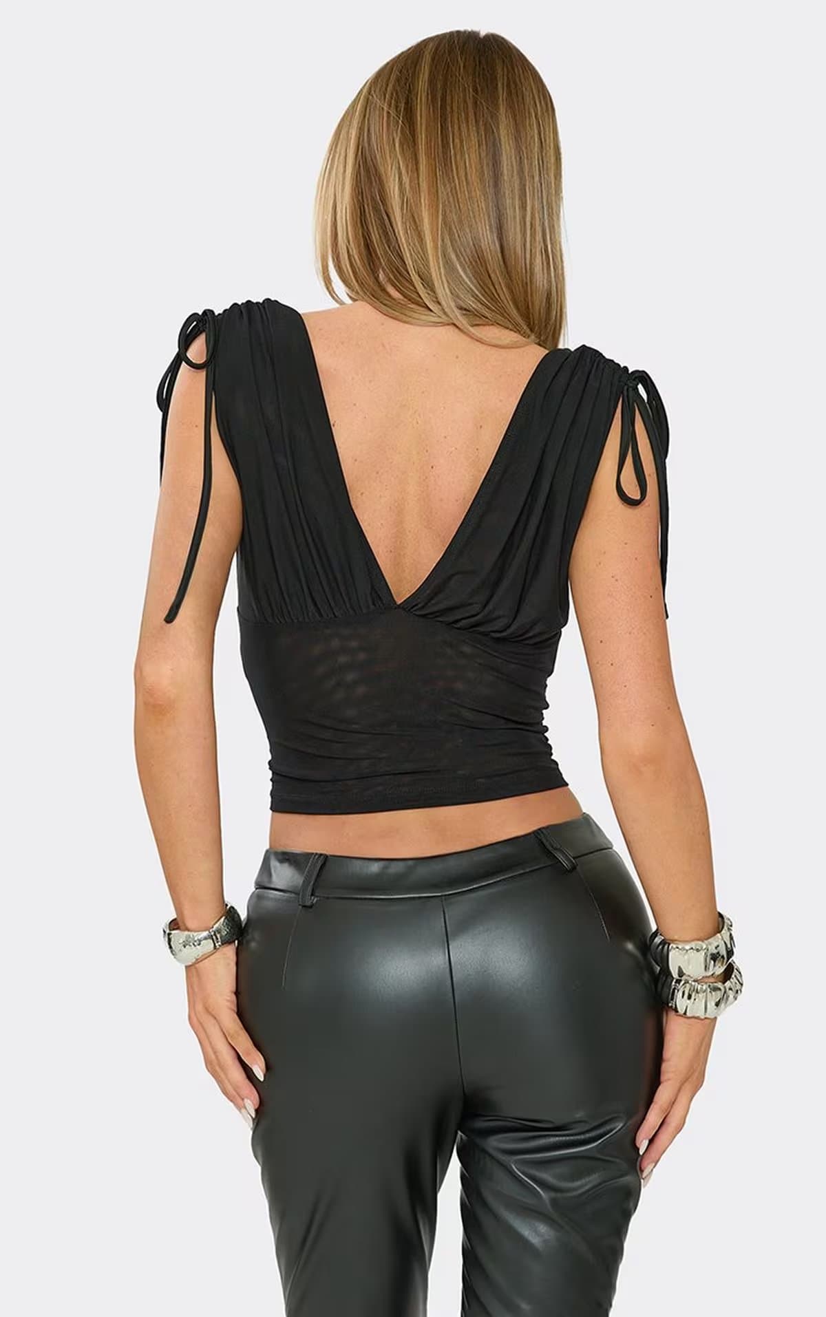 EGO Tie Ruched Sleeve Plunge Front Boned Corset In Black Mesh, Women's Size UK 6