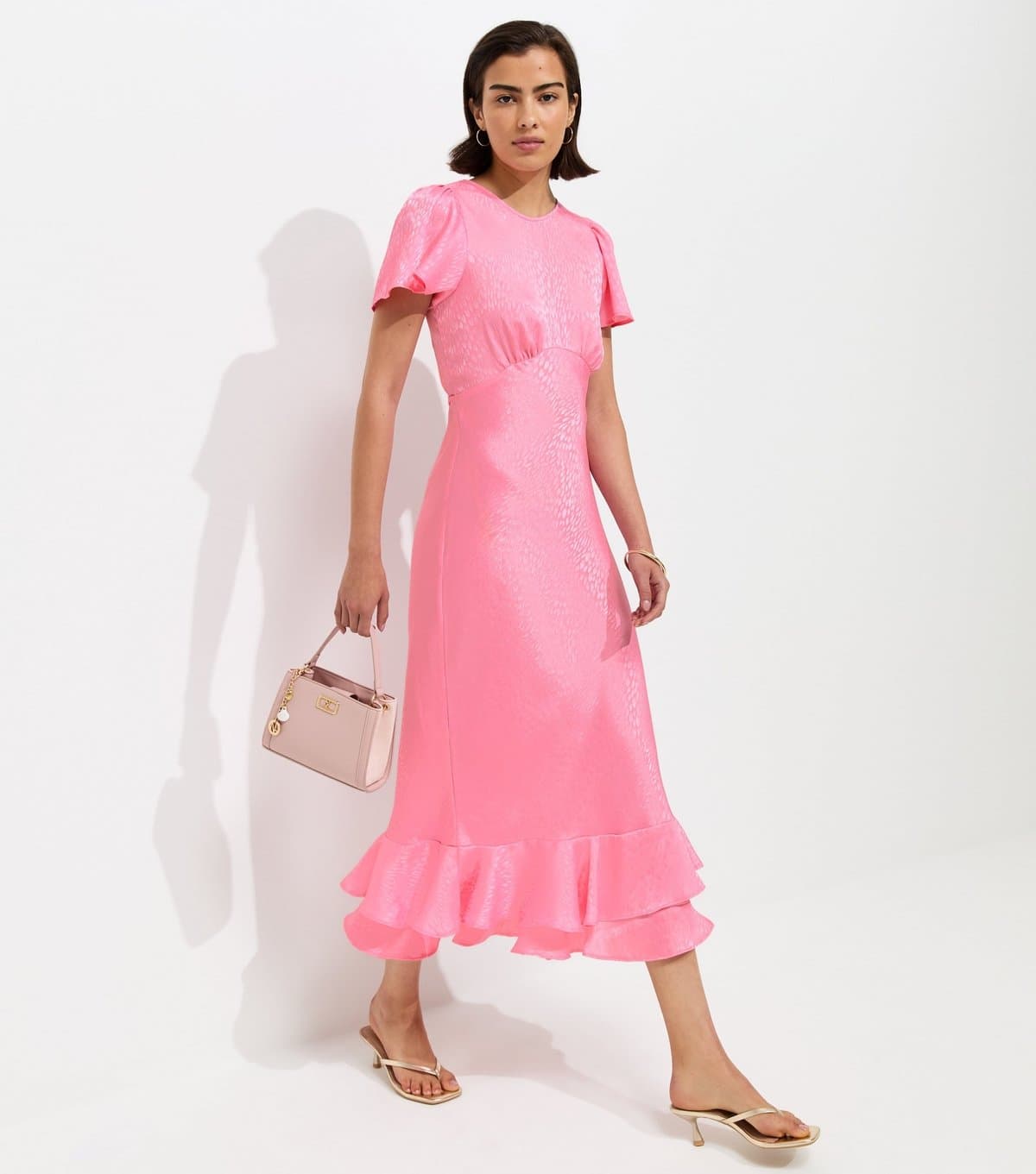 New Look Women's Pale Pink Satin Ruffled Hem Midi Dress New Look