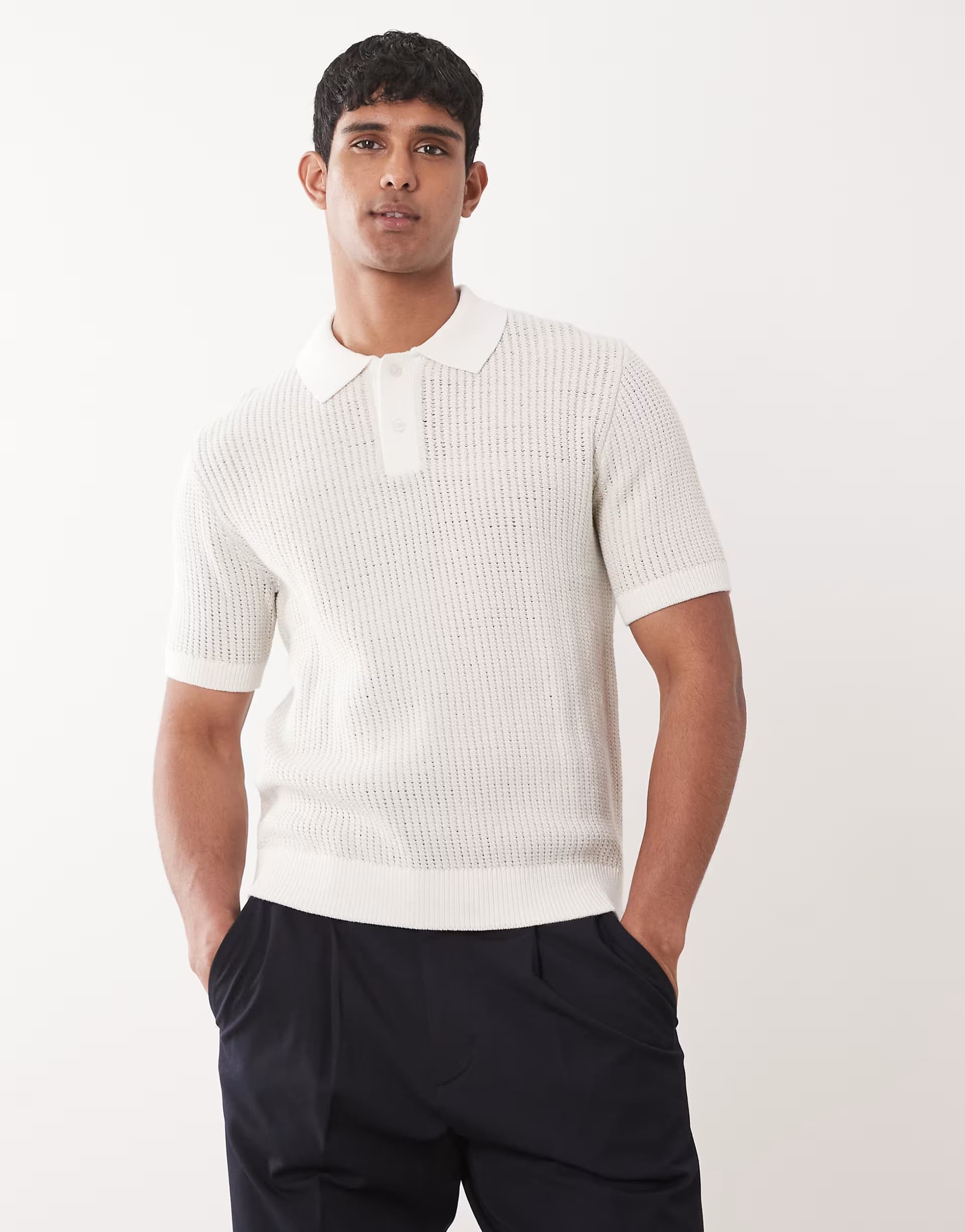 ASOS Mango knitted revere collar short sleeve polo shirt in cream