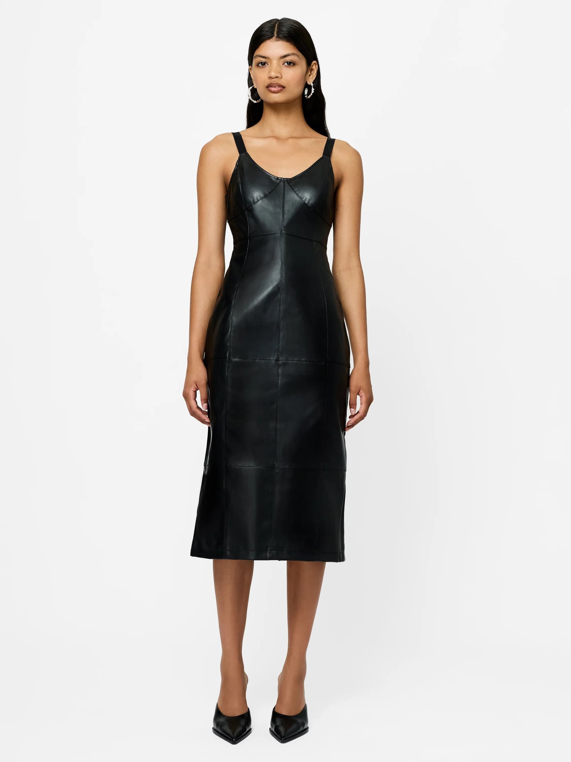 French Connection Dessa Black Faux Leather V-Neck Midi Dress Black