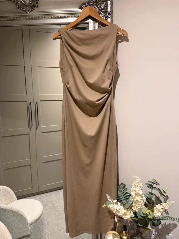 ASOS Beige ruched detail maxi dress with slit up the back