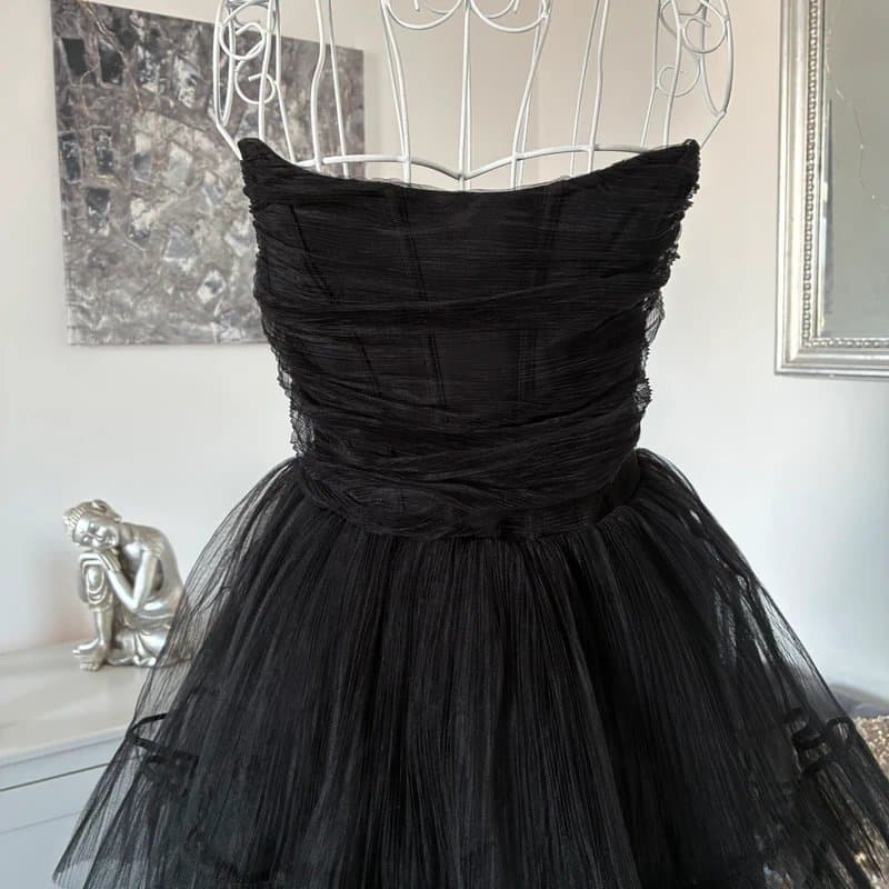 Bershka Bershka Black Tulle Bandeau Corset Fitted Waist Zip Back Flared Mini Dress S 8