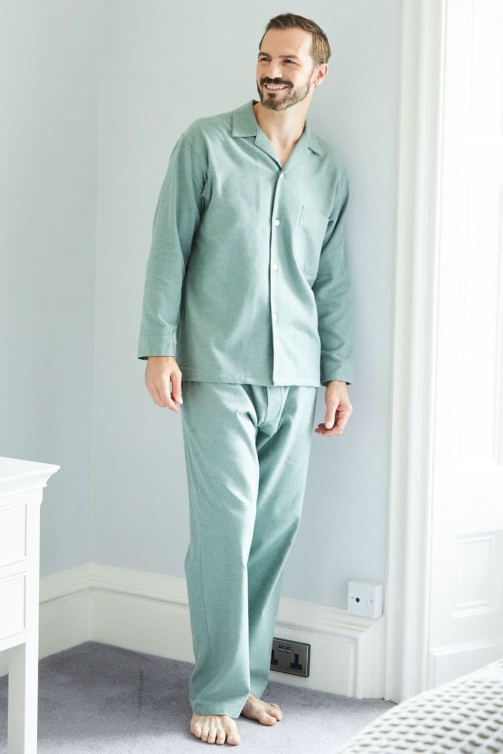 British Boxers British Boxers Men's "Moss" Herringbone Brushed Cotton Pyjama Set in Dark Green