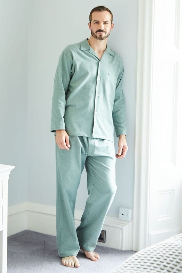 British Boxers British Boxers Men's "Moss" Herringbone Brushed Cotton Pyjama Set in Dark Green - 2