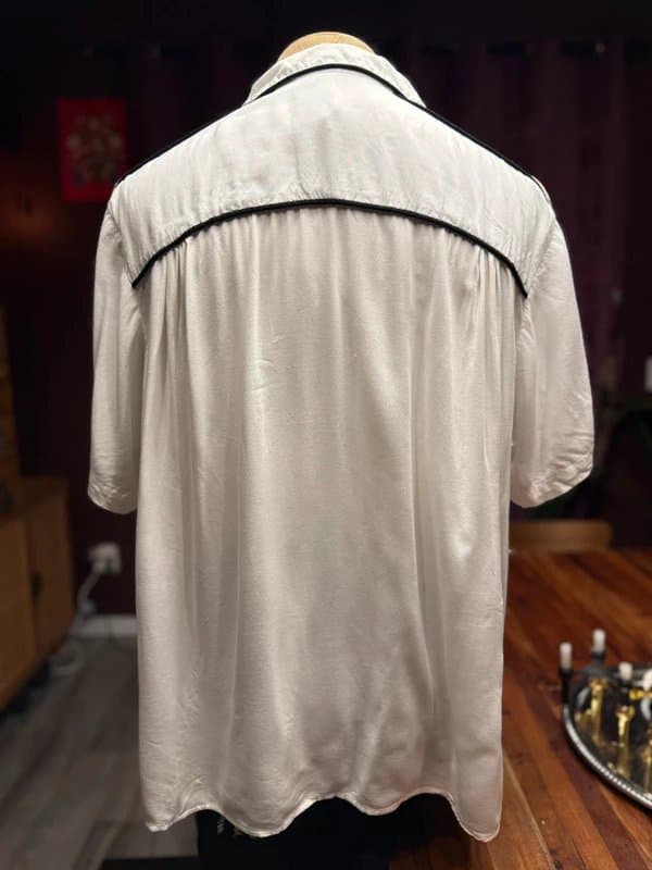 ASOS Silky White Retro Button-Up Shirt with Black Piping – Size L (Unisex)