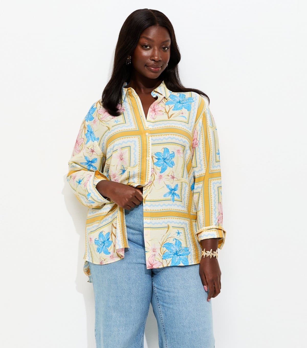 New Look Women's Plus Size Yellow Floral Title Print Shirt Curves New Look