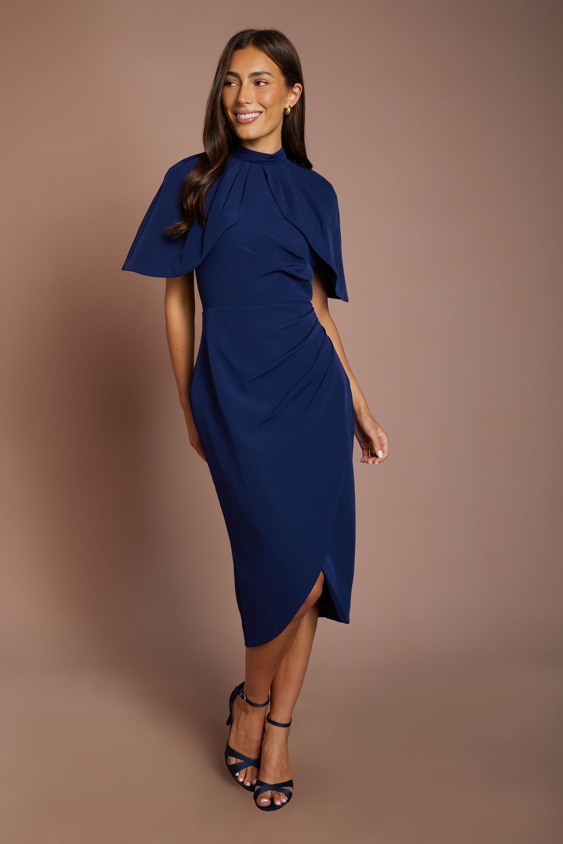 Coast Coast Women's Cape Sleeve Wrap Skirt Midi Dress in Navy