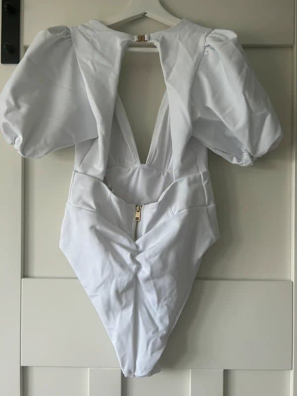 ASOS ASOS Luxe corsetted puff sleeve scuba swimsuit in white