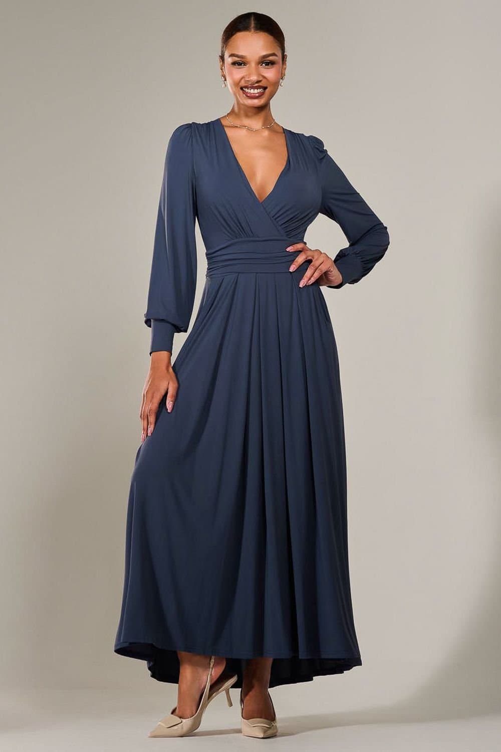 Jolie Moi Jolie Moi Women's Long Sleeve Super Soft Jersey Maxi Dress in Mid Blue