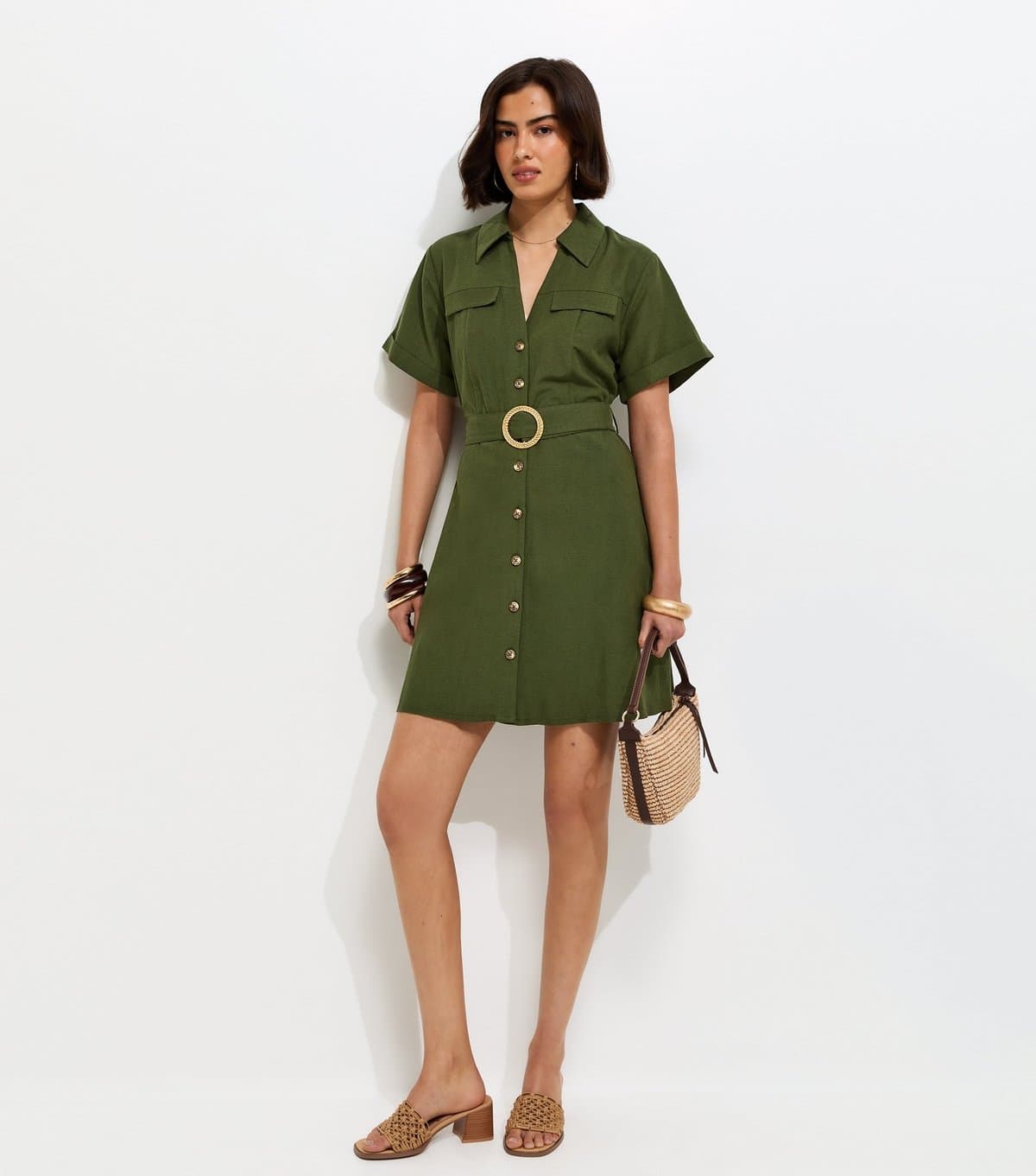 New Look Women's Khaki With Cotton Belted Mini Shirt Dress New Look