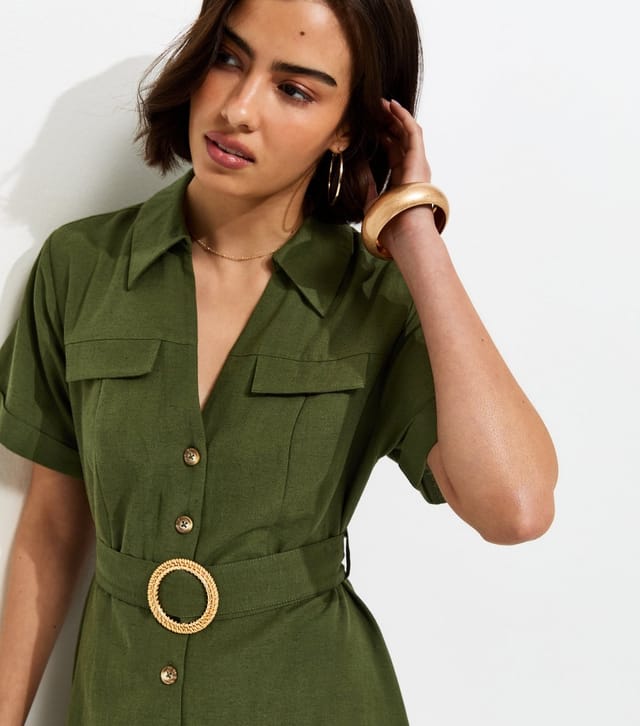 New Look Women's Khaki With Cotton Belted Mini Shirt Dress New Look - 2