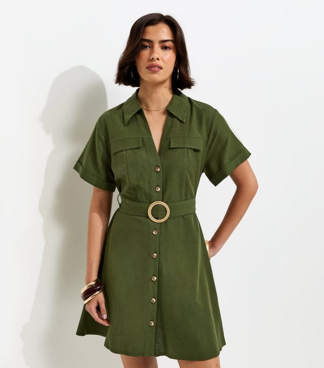 New Look Women's Khaki With Cotton Belted Mini Shirt Dress New Look - 3