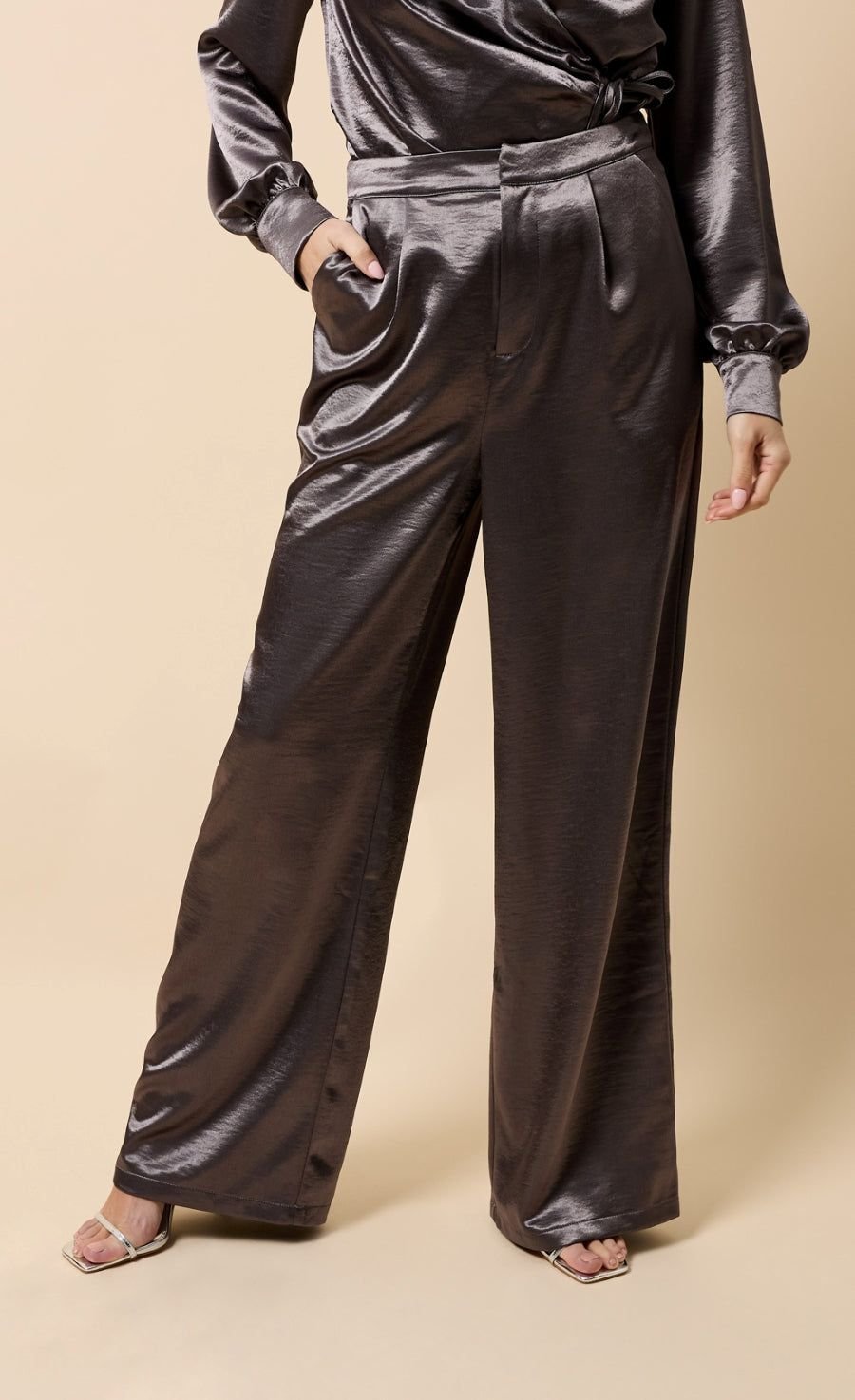 Little Mistress Little Mistress Women's Grey Satin Wide Leg Trousers - 2