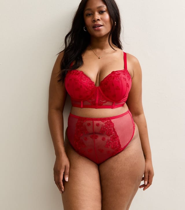 New Look Women's Plus Size Red Floral Embroidered Lace High Waist Thong Curves New Look - 3