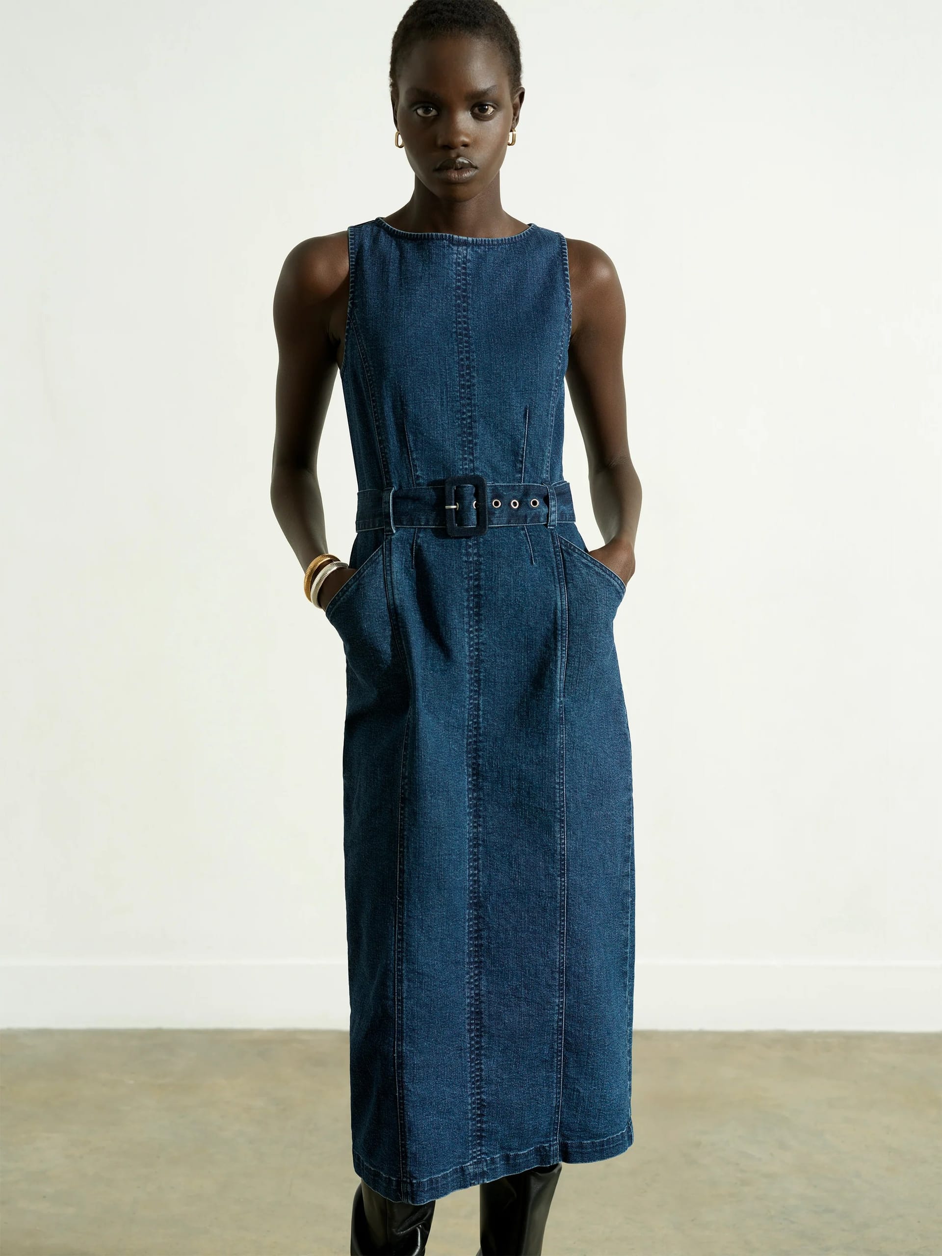 French Connection Dark Indigo Denim Belted Midi Dress