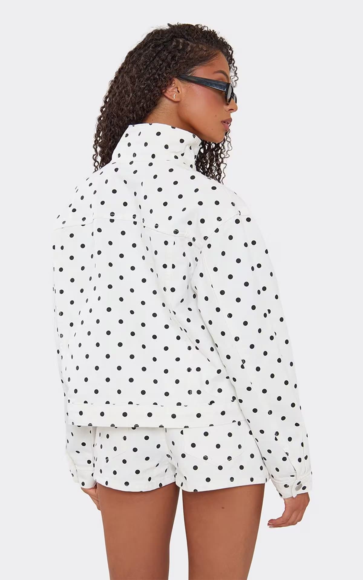 EGO Long Sleeve Funnel Neck Oversized Jacket In White Polka Dot Denim, Women's Size UK 6