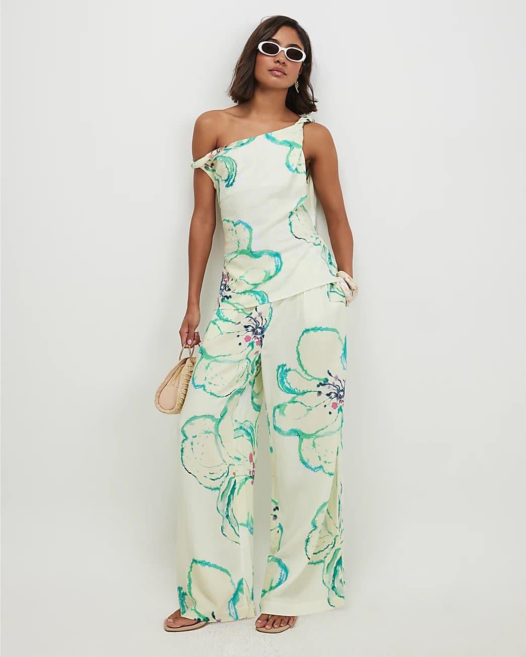 River Island River Island Womens Green Linen Blend Printed Wide Leg Trousers