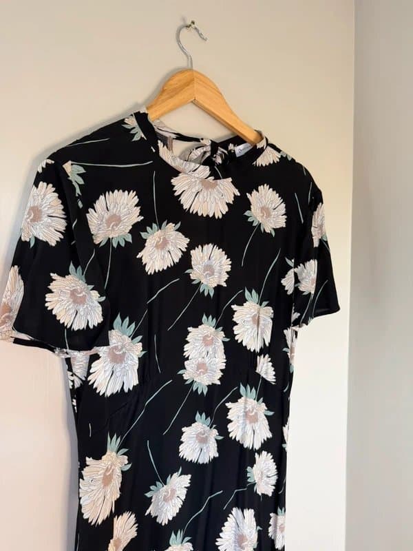 Warehouse Warehouse Viscose Black & White Floral Ties Back Summer Shift MIDI Dress Size 12