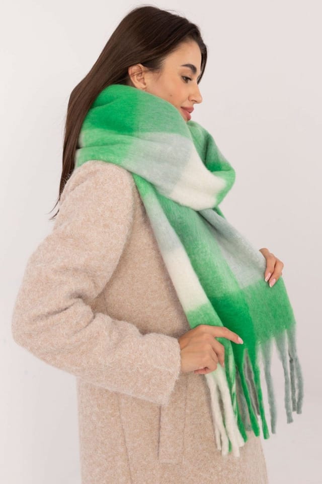 Love Lace Love Lace Women's Elegant Classic Check Polyester Scarf Long with Tassels in Green - 2