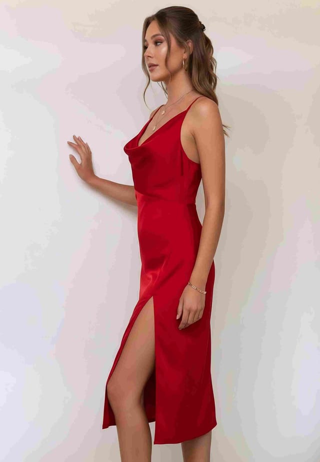 Divine Grace Divine Grace Women's Red Satin Cowl Neck Midi Dress - 3