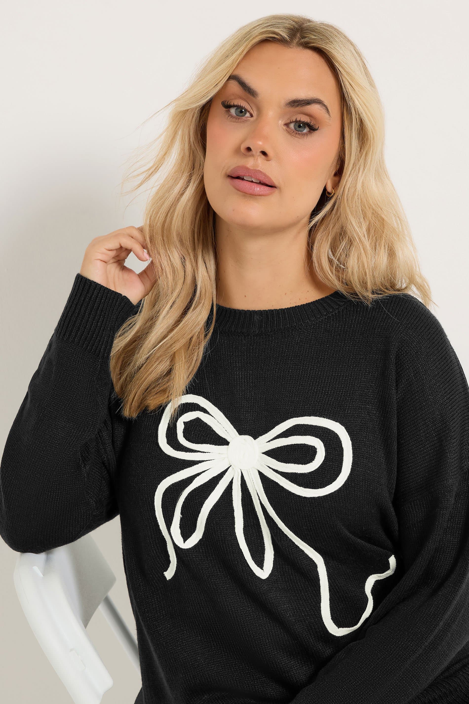 Yours Plus Size Black Bow Knit Jumper