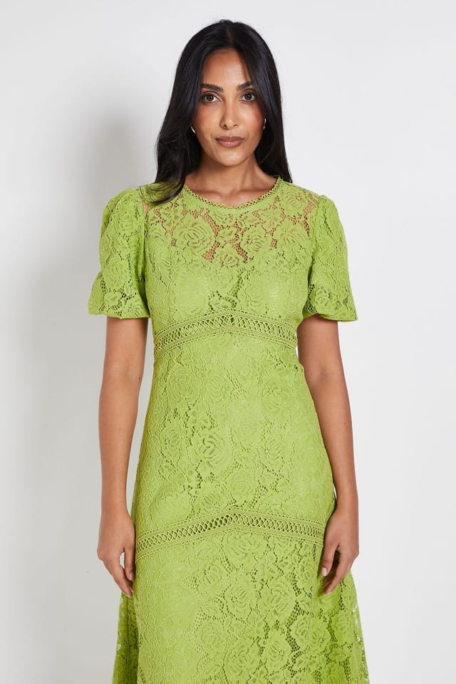 Wallis Wallis Women's Petite Lace Puff Sleeve Midi Dress in Green - 2