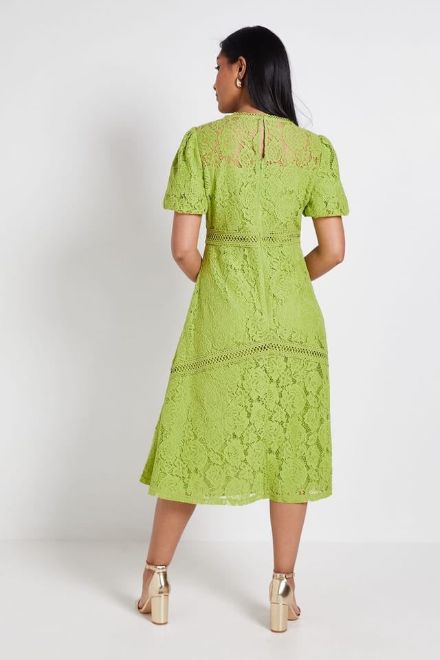 Wallis Wallis Women's Petite Lace Puff Sleeve Midi Dress in Green - 3